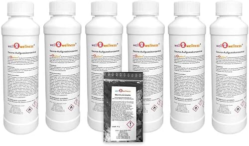 Well2wellness ® Set Esencias Sauna 6x 250ML con Euka-Birke, Ingwer-Citro, Limette-Bambus, Mango-Maracuja, Casís , Akazienblüte + Gratis 10G Cristales de Mentol