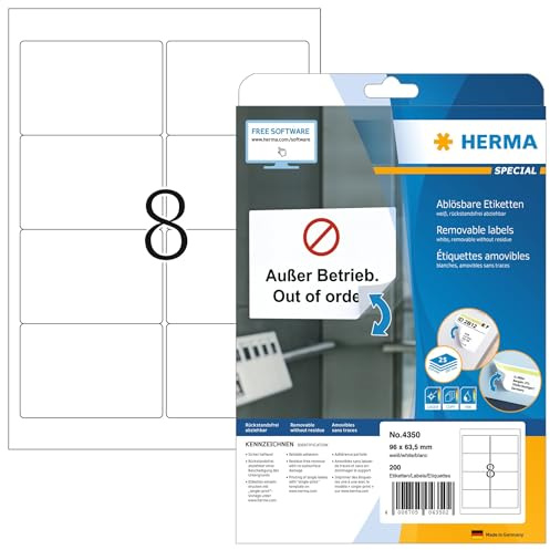 HERMA 4350 universella etiketter A4 avtagbart (96 x 63,5 mm, 25 ark, papper, matt) självhäftande, utskrivbara, avtagbara och återhäftande adressetiketter, 200 klistermärken, vit
