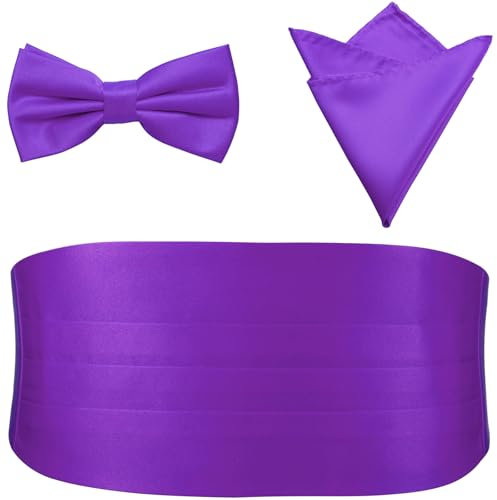 PenSee Mens Formal Solid Pre-tied Bow Tie & Pocket Square & Cummerbund Set Tuxedo Bow Ties for Men Purple Medium