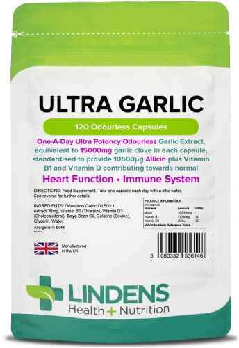 Lindens Ultra Garlic 15000mg Odourless Capsules 120 Pack - UK Made - Vitamin B1 and D3 for Normal Muscle Function, Heart and Immune Health (10500mcg Allicin) - Letterbox Friendly