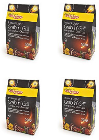 4 x The Original Bar-Be-Quick Build Grab & Grill Bag. 5kg Lumpwood Charcoal Instant Fairy Lights 500g ideal for picnics bbqs, Kettle BBQ, Fireplace, and more. Light and Easy.
