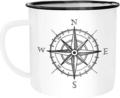 Moonworks Emaille Tasse Becher Kompass Windrose Abenteurer Campingbecher Kaffeetasse weiß-schwarz unisize