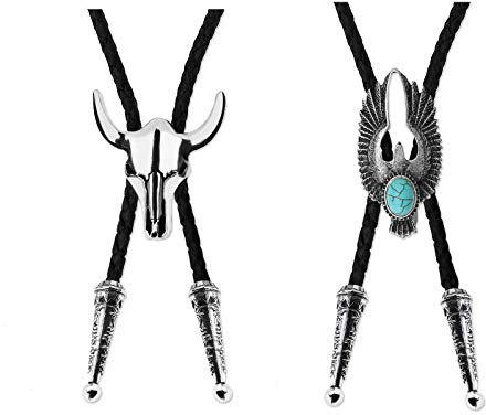 Silber 2Pcs Bolo Krawatte Schnürsenkel Cowboy Tie Set 39 Zoll Leder Seil Kuh Schädel und Adler Eingelegt Türkis Design Western Rodeo Thema