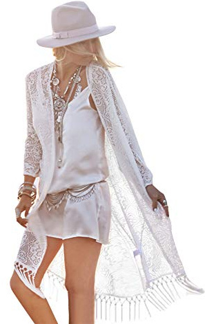 Uniquestyle Veste Longue Femme Gilet Femme Leger Crochet Cardigan Long Femme Lin Manches Longues été Outwear Femme Sexy élégante Tricot Ouvert Cérémonie Gland Paréo Tunique Blanc E