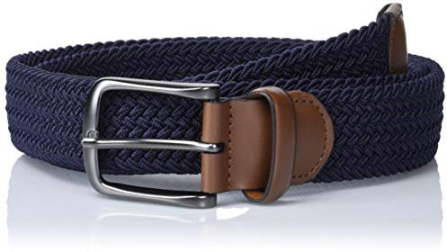 Perry Men's Woven Belt with Stretch Leather-Trim Fabric, Navy, Medium (34 - 36)