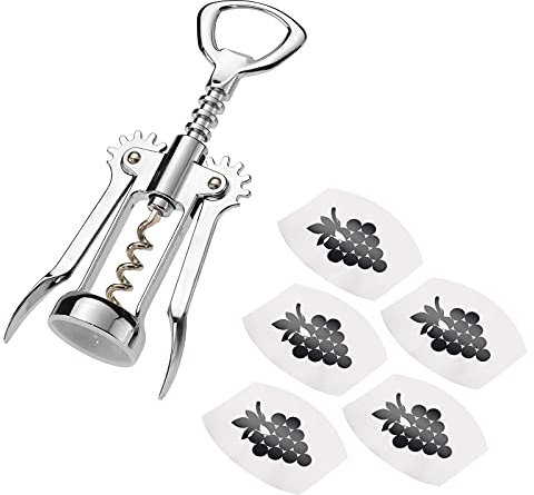 Westmark 602022E6 - Cavatappi a leva + 5 versatori per vino, in acciaio/plastica, Safety, argento/nero