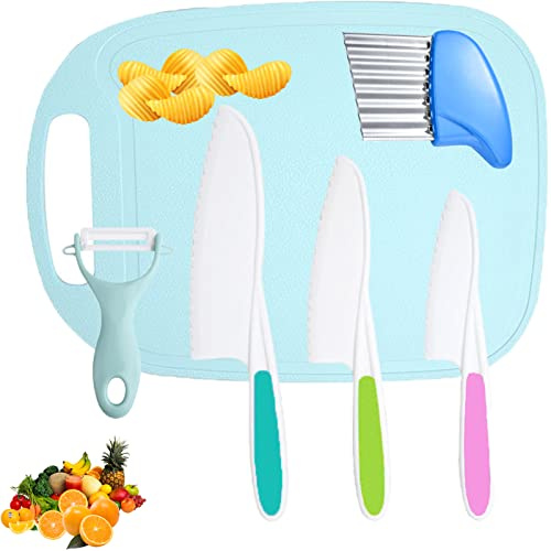 6Pcs Kids Knifes Set for Real Cooking, with Children's Safe Cooking Knifes in 3 Sizes & Colors, Cutting Board, Peeler and Potato Slicer, Serrated Edges Children Salad Knives for Fruit, Bread, Cake