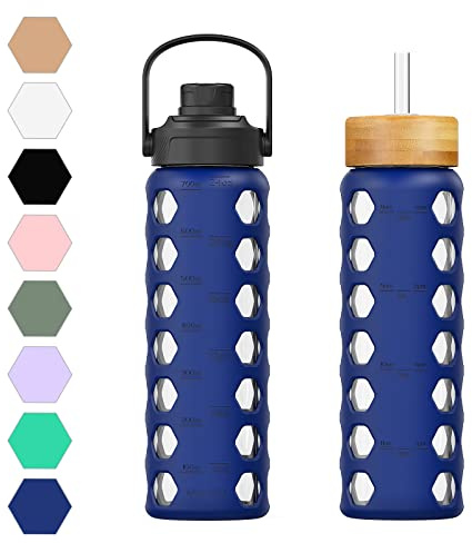 MUKOKO 24oz Glass Water Bottle with 2 Lids-Handle Flip Lid&Bamboo Straw Lid,Motivational Water Tumbler with Time Marker Reminder and Silicone Sleeve, Leakproof-Blue