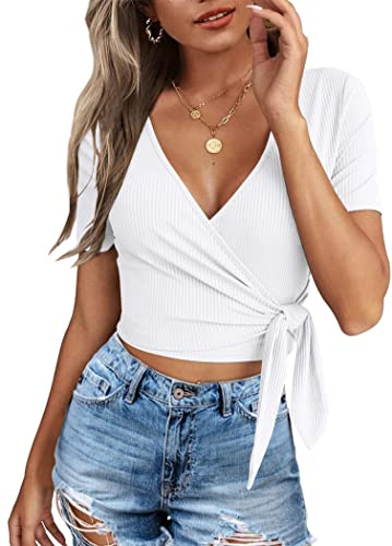 Women's Deep V Neck Shirts Wrap Cross Slim Fit Unique Cute Summer Tops Tie Up White M