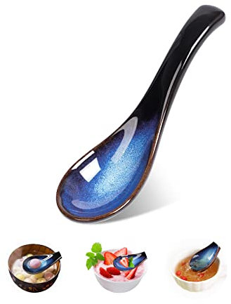 Japanese Style Soup Spoon,Ceramic Ramen Soup Spoons Chinese Blue Asian Soup Spoon Retro Porcelain Spoon Rice Spoons for Oatmeal Stews Udon Pho Wonton Dumpling Miso, Dishwasher Safe