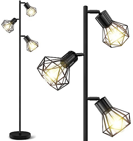 BBHome Industrielle Stehlampe, Bauernhaus-Baum-Stehlampe mit frei verstellbaren Käfigköpfen, rustikale Stehlampen für Wohnzimmer, Schlafzimmer, Büro, schwarze(Glühbirnen sind nicht enthalten)