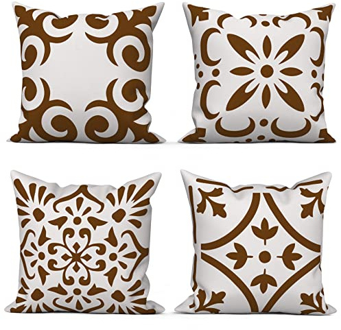 ASDCXZ Funda de cojín Boho 40x40 cm 4er, patrón de Flores de Mandala Retro sofá marrón Beige decoración Funda de cojín de Lavable con Agua, Funda de Almohada de cojín Textil de Lino