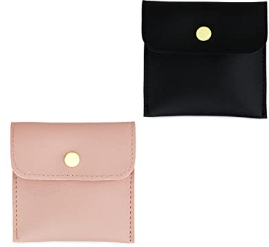 FuninCrea 2 Pcs PU Leather Jewelry Pouches with Snap Button, Jewelry Storage Bags Small Gift Soft Jewelry Storage Pouches Fashion Jewelry Travel Pouch for Earrings, Bracelet, Necklaces (Black+Pink)