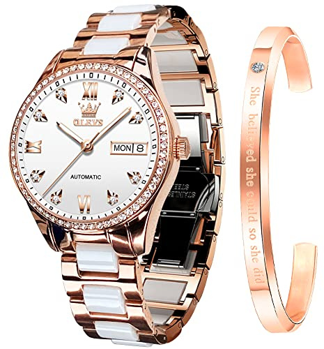 OLEVS Watch for Women Automatic Self Winding Mechanical Ladies Wrist Watch Big face Two Tone Stainless Steel Ceramic Bracelet Heart Diamond Fashion Luxury Ceramic Band Luminous Waterproof