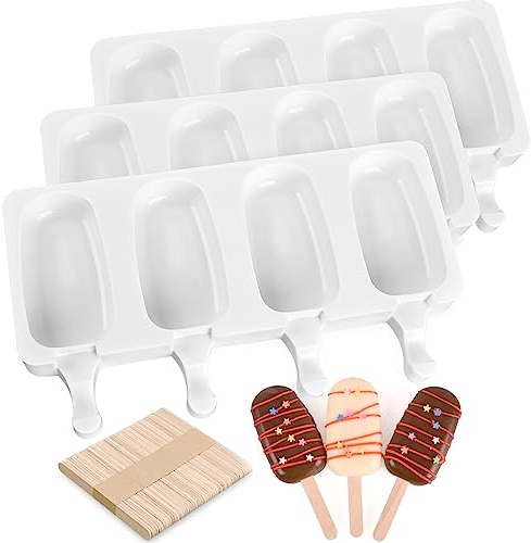 Sakolla 3 Pack Large Popsicle Molds 4 Cavities Cake Pop Silicone Molds Oval Ice Cream Cakesicle Molds for Homemade Ice Pop with 100 Wooden Sticks