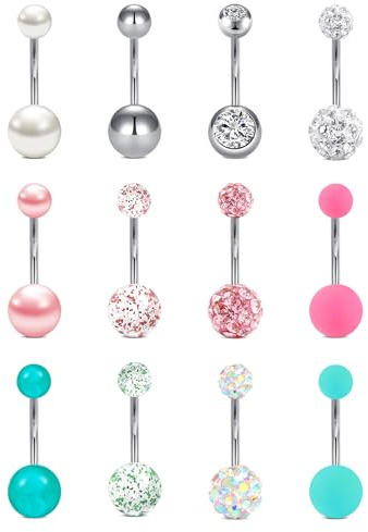 FECTAS 12pcs 14G Piercing de Ombligo de Acero quirúrgico 12 mm Set de Piercings de Ombligo con Piedra para Mujer Plata Rosa Verde