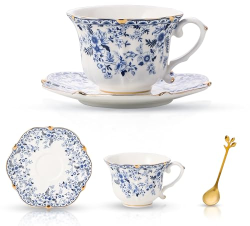 TATSUMI Country Roses Bone China Tea Cup and Saucer Set, 3 Pieces, Vintage Style, For Women and Tea Parties(QH,1 Set)