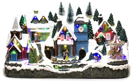 Villaggio Natalizio Innevato con Luci Suoni e Movimenti Giostra Scenario di Natale con Case,Personaggi e Paesaggio Innevato Decorazione Natalizia da Interno Idea Regalo