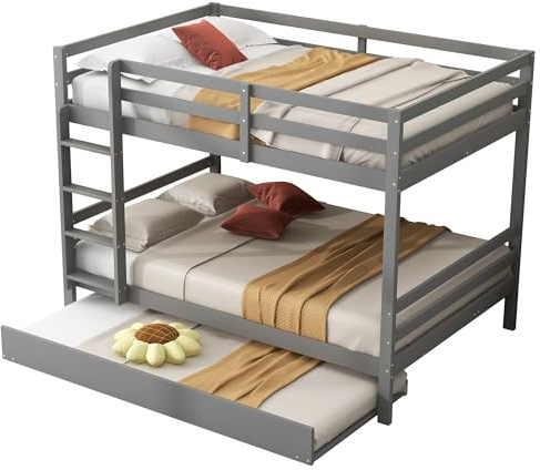 Azkoeesy letto a castello 140x200 cm per 5 persone, con letto estraibile 90x190 cm, per bambini e adulti, legno di pino, grigio