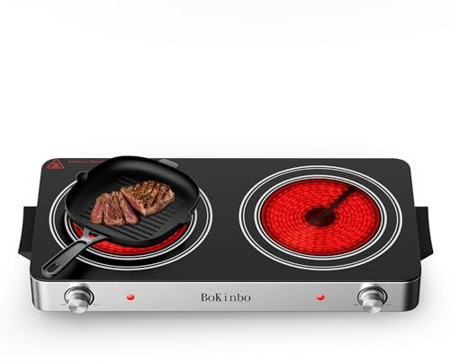 BoKinbo Electric Cooktop, Dual 2200 Watts Infrared Burner, 2 Burner Electric Hot Plate for Cooking, Knob Control Countertop & Built-in Ceramic Cooktop, Overheat Protection Burner for Dorm, Kitchen