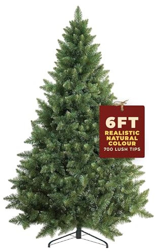 Festive Fix Artificial Christmas Tree 6FT – 700 Tips Full & Realistic Green Xmas Tree with PVC Branches, Metal Stand – Easy Setup 6 Foot Christmas Tree for Living Rooms
