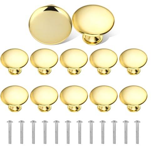 JJUNW 12 stycken möbelknappar, skåpdörrknoppar med skruvar, 30 mm skåpknappar, moderna vintage, runda lådhandtag, byråknappar för förvaringslådor, skåp, köksskåp, garderob (guld)