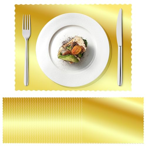 100 Pcs Gold Placemats Bulk 10 x 14 Scalloped Disposable Paper Placemats Decorative Mirror Foil Chargers Table Mat for Kitchen Wedding Baby Shower Banquet Party Holiday Table Decor
