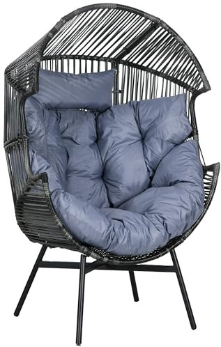 Outsunny Rattansessel, Rattan Korbsessel mit dickem Sitzkissen, Gartensessel in Eiform, 120 kg belastbar, für Terrasse, Garten, Grau