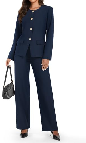 Casly Lamiit Womens Suits 2 Piece Set Business Casual Blazer Dressy Work Wide Leg Pants Crew Neck Button Down Office Formal Outfits Navy Blue L