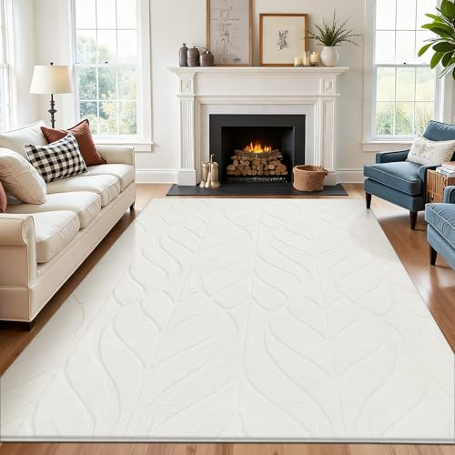 SHACOS Teppich Wohnzimmer 200x290 cm Waschbarer Teppich Kurzflor Weich Teppiche Schlafzimmer Anti-Rutsch Wohnzimmerteppich mit Hoch-Tief-Effekt, 3D-Optik, Teppiche Creme