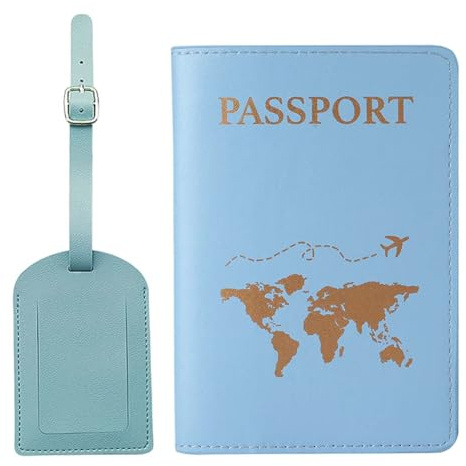 JUGUTA Porta Pasaporte, 1 Tarjeta De Embarque De Cuero + 1 Funda para Pasaporte, Portadocumentos De Viaje con Múltiples Ranuras, Diseño con Patrón Dorado, Color Azul, Tamaño Estándar