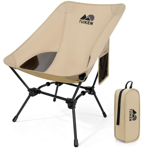 TUIKEN Ultralight Camping Chair Backpacking Chair, Portable Camp Chair with Cup Holder & Storage Bag, Lightweight Compact Folding Chair for Hiking, Travel, Picnic Mountaineering (Light Brown)
