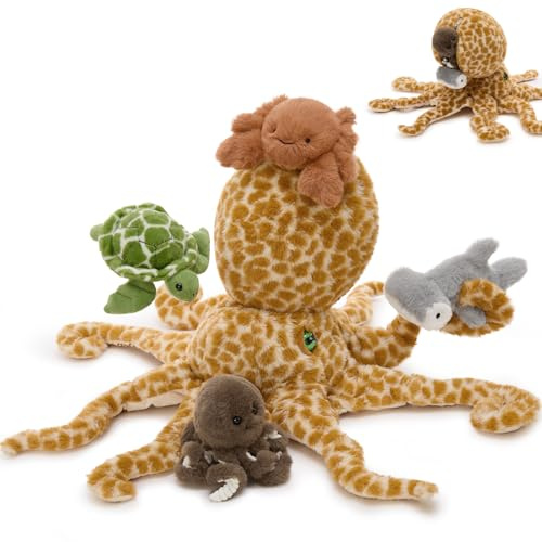 MorisMos 60 cm Octopus Plush with 4 Baby Sea Animals Inside, Giant Stuffed Octopus Soft Toy, Ocean Animal Gift for Kids, Interactive Family Plush for Imaginative Play, Bedroom Decor & Birthday Present