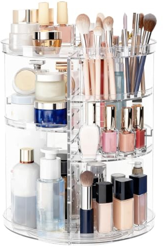 Organizador de Maquillaje Giratorio 360° Transparente con Niveles Ajustables, Gran Capacidad, Organizador Multifuncional para Pintalabios Brochas Cremas Perfumes Baño Dormitorio y Tocador