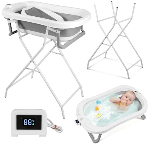 Peviasot Babybadewanne mit Gestell, faltbare Babywanne mit Ständer und abnehmbarem Thermometer, 80 cm Babybadewanne für Neugeborene und Kleinkinder 0–3 Jahre, Grau/Weiß