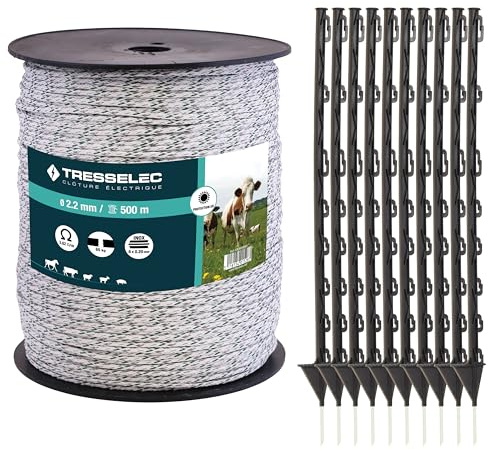 TRESSELEC - Kit Clôture Électrique Complet – Cordon 2,2 mm 500 m + 10 Piquets Plastique 87 cm – Pour Chevaux, Bovins, Moutons, Chèvres – Haute Résistance