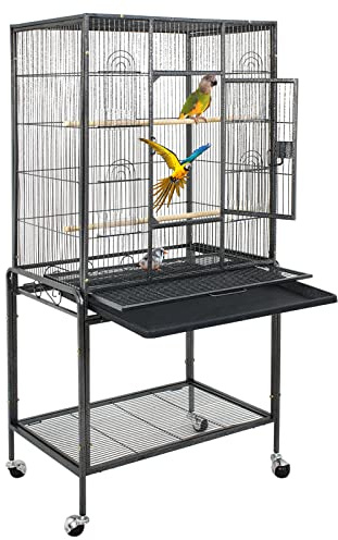 ZENY 53-Inch Bird Flight Cage, Wrought Iron Standing Large with Rolling Stand for Cockatiels Pet Parrot Parakeet Lovebird Canary Finch (Black)