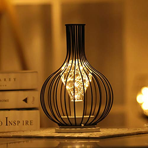 Black Metal Wire Table Lamp, Modern Iron Basket Style Night Light, Retro Battery Operated Bedside Table Lamp for Bedroom
