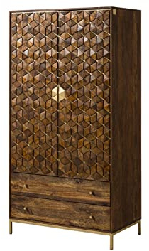DIAMOND Kleiderschrank für Schlafzimmer massives Mango Holz, Schrank Massivholz braun geölt mit 1 Kleiderstange, 2 Schubkästen, 4 Fächer, Touch-To-Open Türen, goldfarbene Akzente, Muster und Ornamente