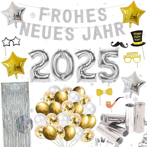 XXL Silvester Deko Set 2025 – XXL “FROHES NEUES JAHR” Girlande, Luftballons, Fotorequisiten, Folienluftballons, Lametta-Vorhang, Luftschlangen
