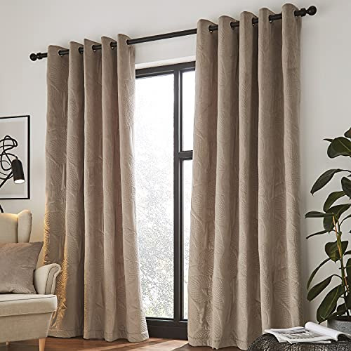 Catherine Lansfield Living Velvet Pinsonic Leaf 90x90 Inch Thermal Eyelet Curtains Two Panels Natural