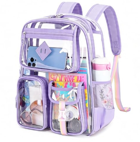 PIG PIG GIRL Clear Backpack for School,Heavy Duty PVC Transparent Bookbag for Girls Stadium Approved See Through Backpack for Women for College Work Travel Festival,Purple