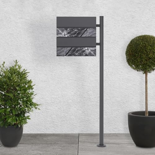 ECD Germany Boîte aux Lettres Design sur Pied avec Compartiment à Journaux, Anthracite/Noir-Aspect Marbre, en Acier Inoxydable Revêtu par Poudre, Résistant Intempéries, Kit de Montage 2 Clés Inclus