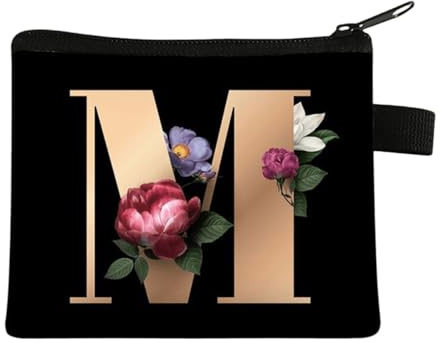FAVORTALK Small Coin Purse Women Inial Purse with Zipper Mini Coin Bag for Girls Black Floral Change Wallet - 13615