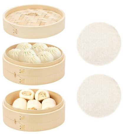 BULZEU Vaporera de bambú asiática con 2 niveles, para albóndigas, arroz, dim sum, verduras, carne, con tapa y 2 cestas de vapor de bambú, 20 cm (M)