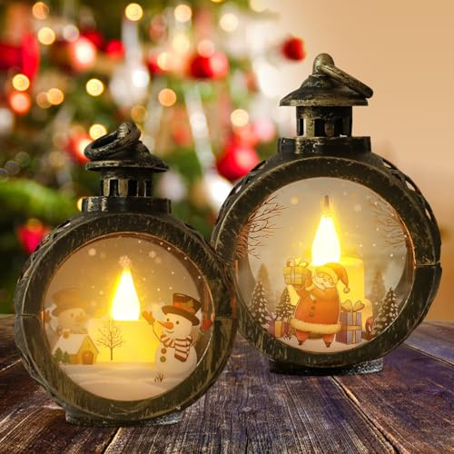 Globo de nieve con forma de farol navideño, 2 piezas de decoración navideña, velas de Navidad sin llama, farol navideño vintage para dormitorio, jardín, balcón, chimenea para llevar, colgar o como