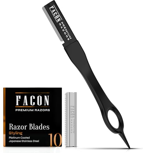 Facón Beard Razor for Men - Professional Beard Shaping Tool Grooming Kit with 11 Replacement Blades, Mustache Shaper, Edger & Lineup, Premium Precision Straight Edge Razor 100% Stainless Steel Blade