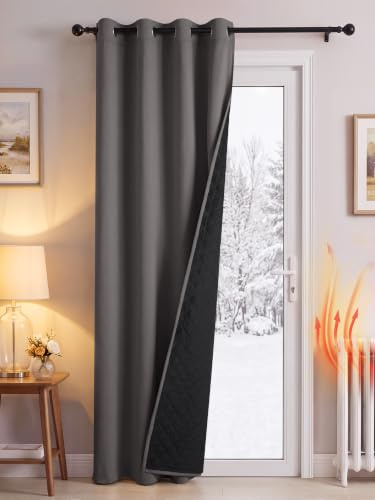 PONY DANCE Thermal Door Curtain with Quilted Black Lining, Grey, 55x90 | 100% Blackout Heavy Eyelet Curtain for Winter, Double Layer Drape for Living Room & Bedroom, Energy Saving & Privacy, 1 Panel