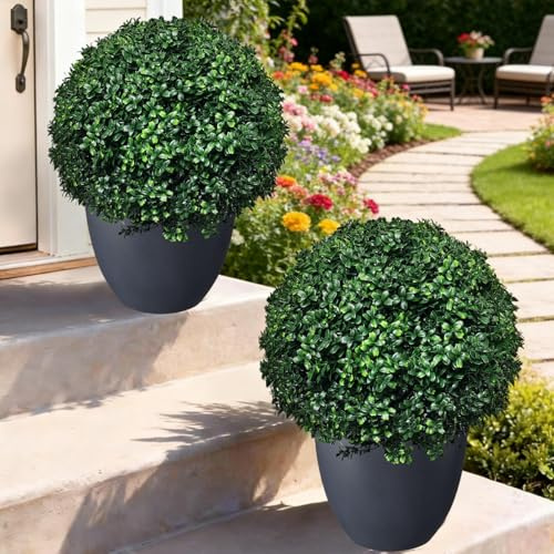 Set di 2 alberi di bosso artificiale a sfera, cespugli finti con picchetto per terra, albero sempreverde finto per portico, piante artificiali resistenti ai raggi UV, per fioriere da esterno e interni