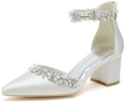 Scarpe da Sposa in Raso Donna Punta A Punta con Strass Bianchi Cinturino alla Caviglia E Tacco Largo per Abiti da Festa O Ballo,Bianca,36 EU